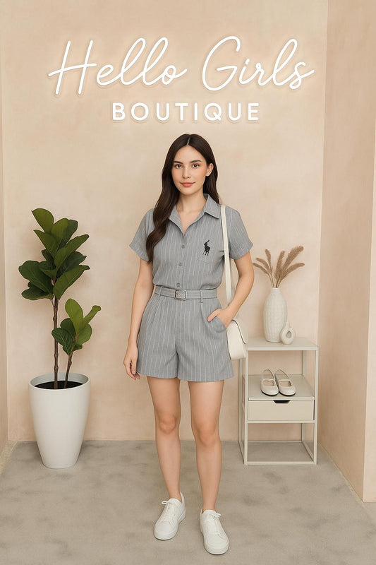 Striped Short-Sleeve Top and Shorts Co-ord Set with Belt