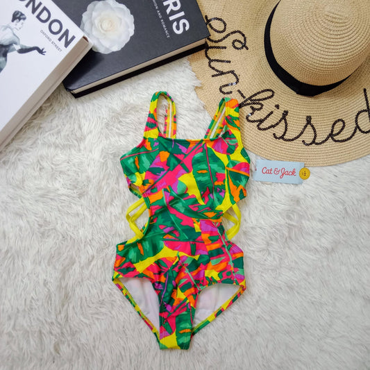 Girls Neon Abstract Print One-Piece Swimsuit with Side Cut-Outs