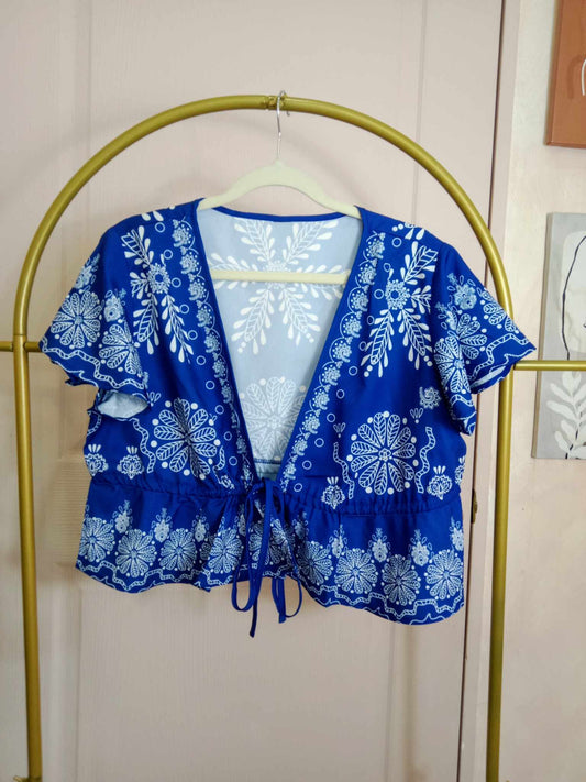 Boho Blue Tie-Front Embroidered Crop Top