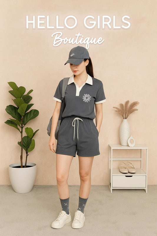 Two-Piece Polo Lounge Set with Drawstring Shorts