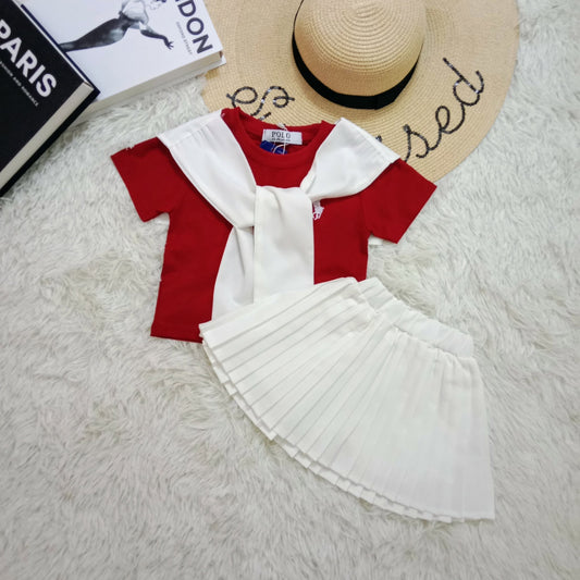 Red Polo Tee & White Pleated Skirt Set for Girls
