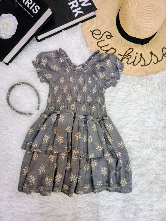 Girls’ Smocked Floral Puff Sleeve Dress with Matching Headband