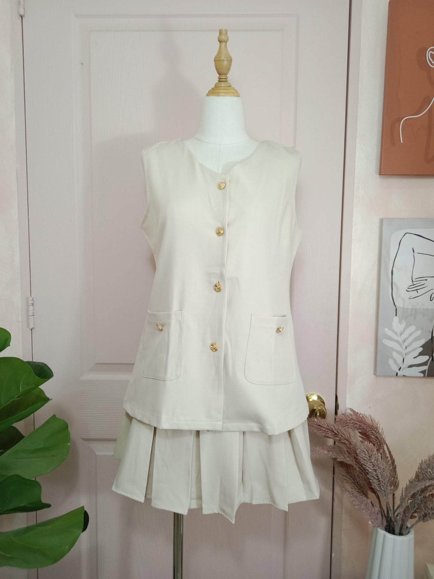 Sleeveless Button-Down Top and Pleated Skirt Set