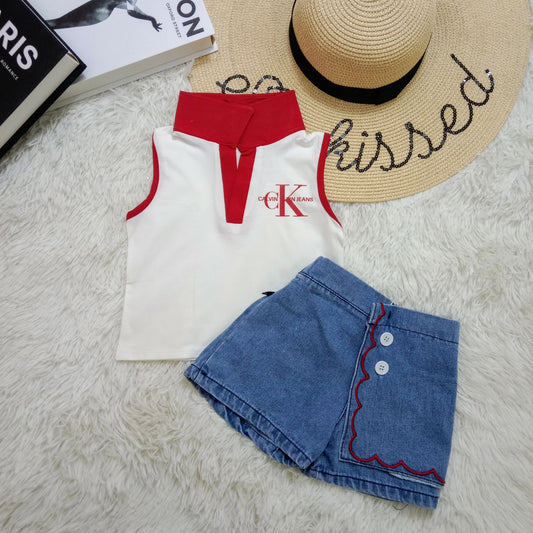 Calvin-Klein Sleeveless Polo & Denim Skort Set for Girls