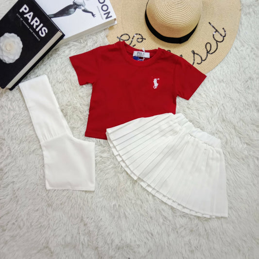 Red Polo Tee & White Pleated Skirt Set for Girls