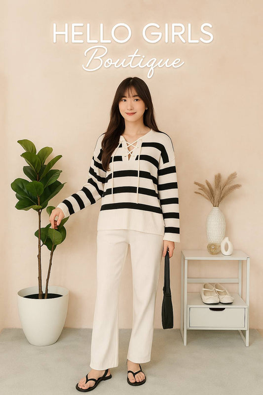 Striped Lace-Up Knit Top & Ribbed Lounge Pants Set