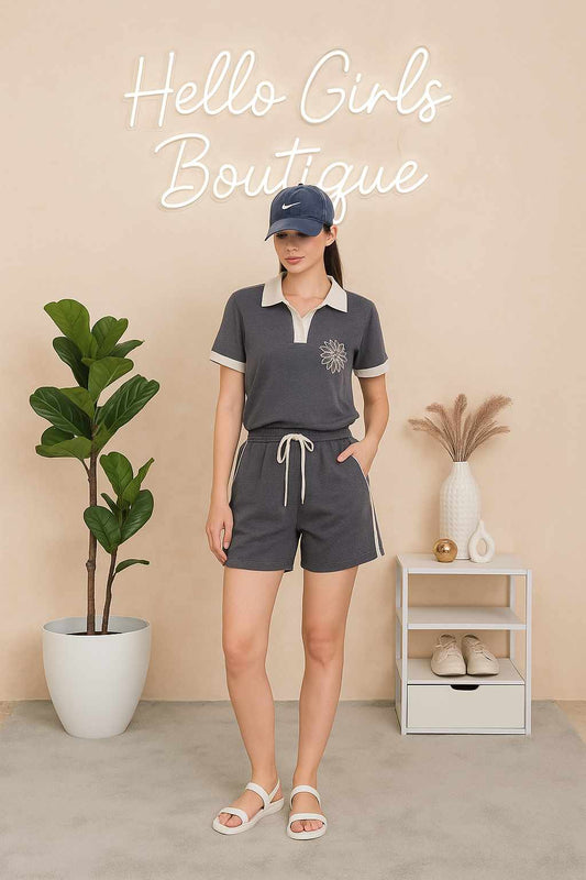 Two-Piece Polo Lounge Set with Drawstring Shorts