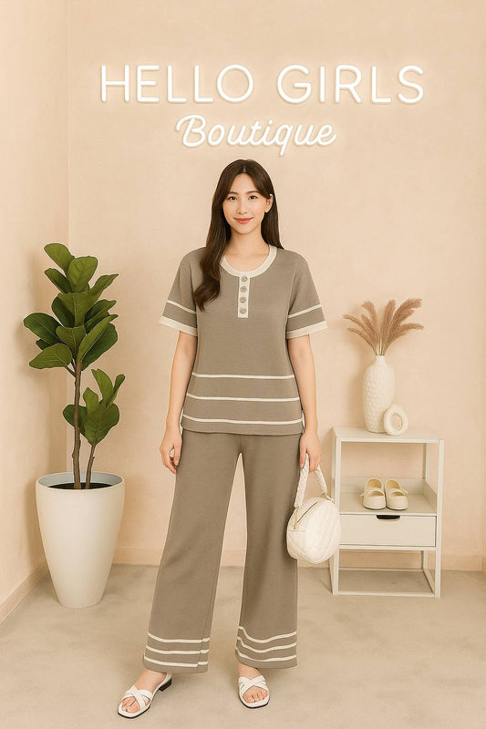 Soft Knit Button Top & Wide-Leg Pants Set