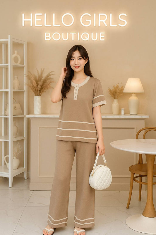 Soft Knit Button Top & Wide-Leg Pants Set