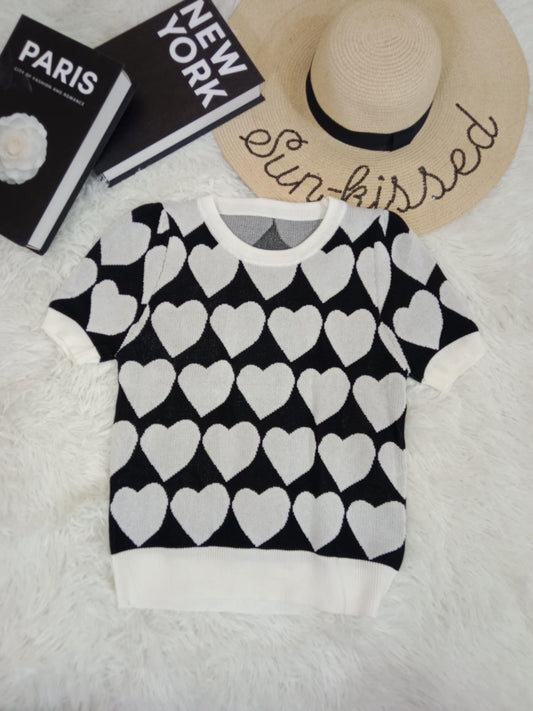 Heart Pattern Knit Tee – Short Sleeve Casual Top