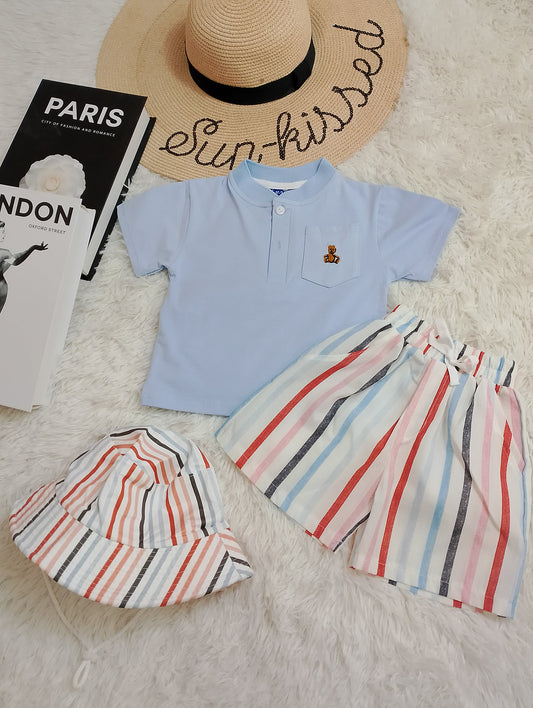 Bear Polo Shirt, Striped Shorts & Bucket Hat