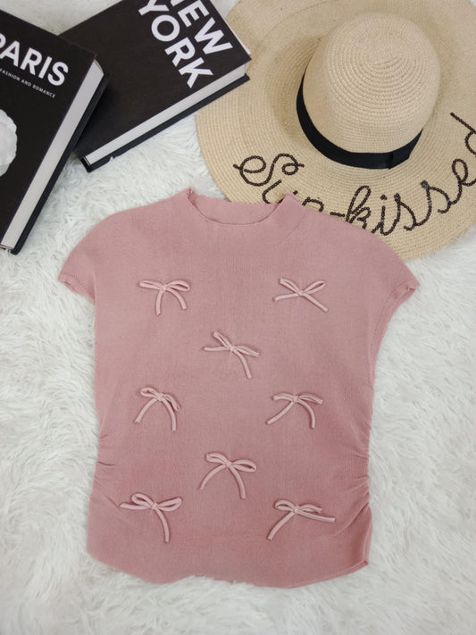 Blush Pink Knit Top with 3D Bow Details