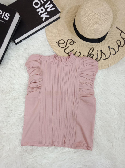 Ribbed Knit Sleeveless Top with Ruffled Arm Detail