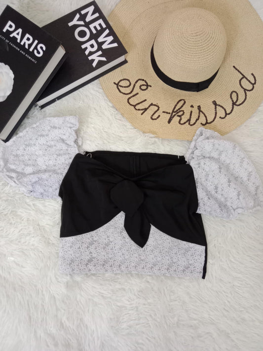 Floral Puff Sleeve Lace Crop Top with Front Knot