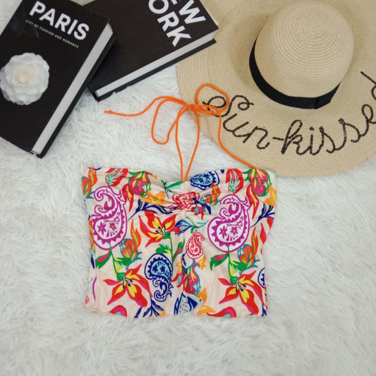 Vibrant Tropical Print Tube Top with Halter Tie Strap
