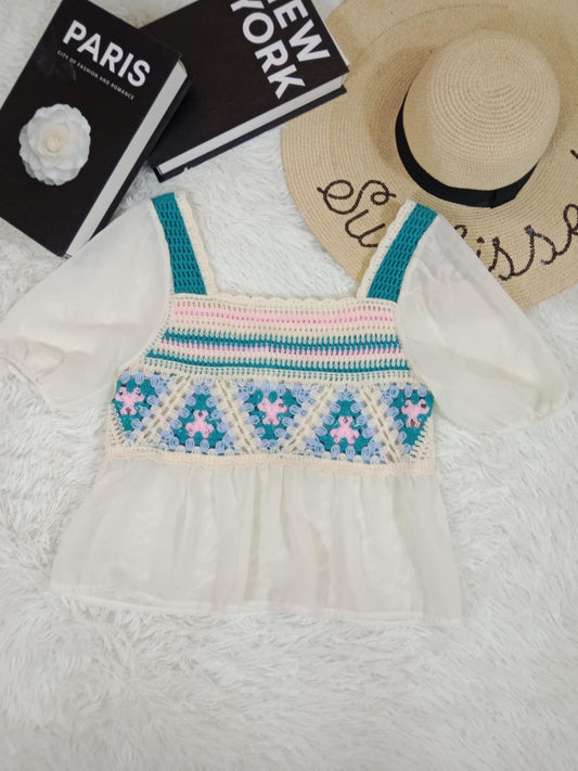 Boho Crochet Panel Peasant Blouse with Puff Sleeves
