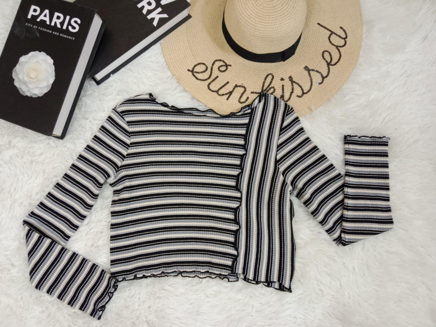 Two-Tone Ribbed Striped Long Sleeve Knit Top