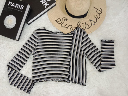 Two-Tone Ribbed Striped Long Sleeve Knit Top