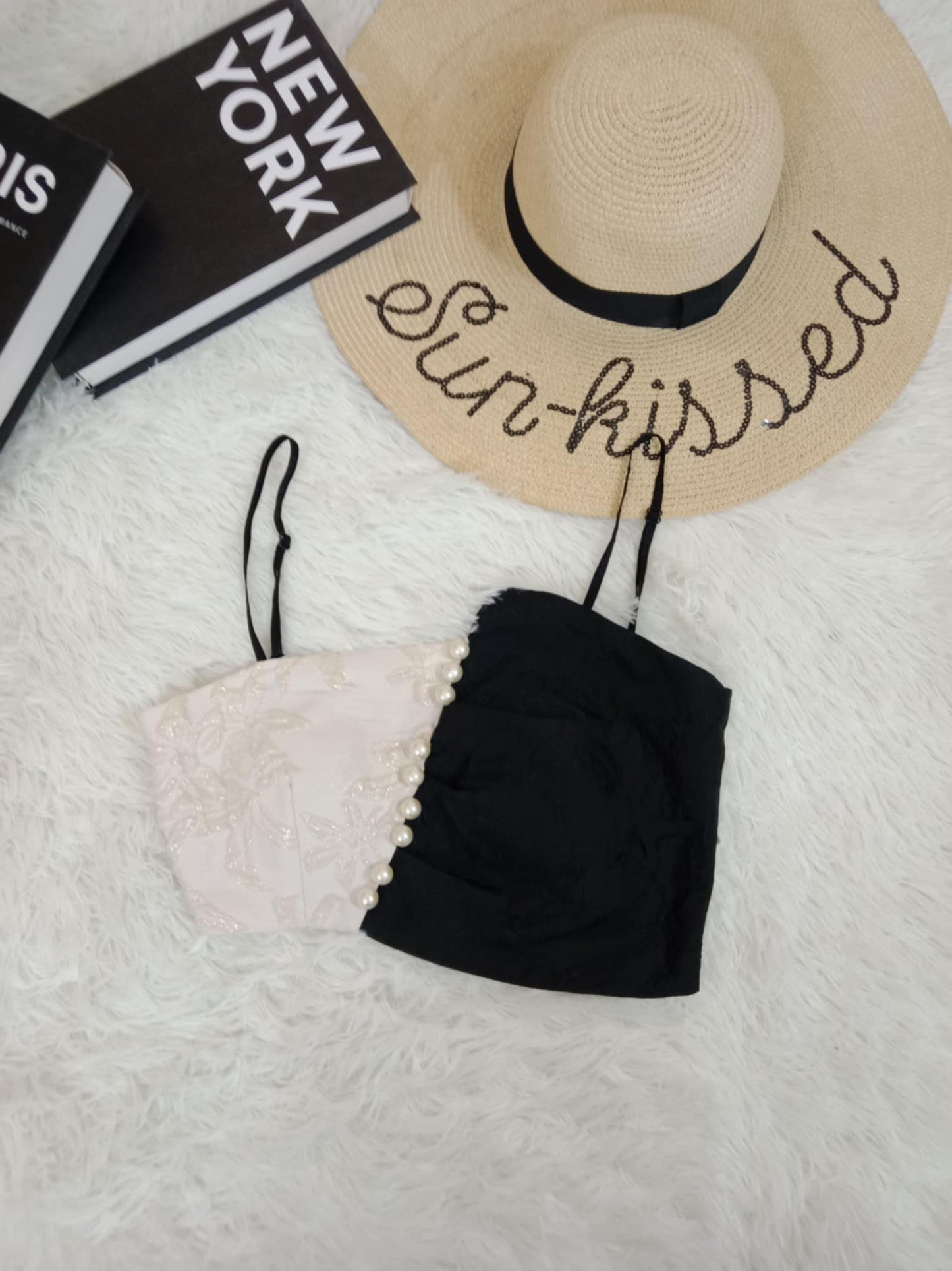 Two-Tone Lace & Pearl Accent Tube Top