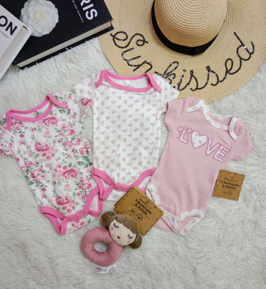 Baby Girl Bodysuit 3-Piece Set with Rattle Toy