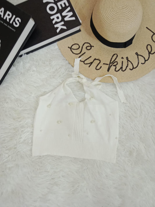 Halter Pearl-Embellished Ribbed Crop Top