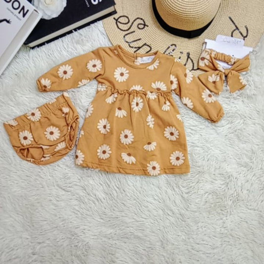 3-Piece Daisy Print Baby Girl Dress Set – Dress, Bloomers & Headband
