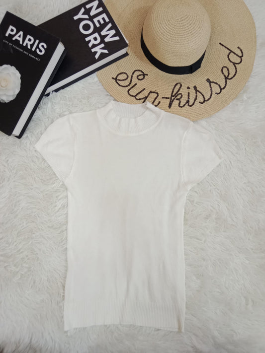 Classic Ribbed Knit High Neck Tee – Short Sleeve