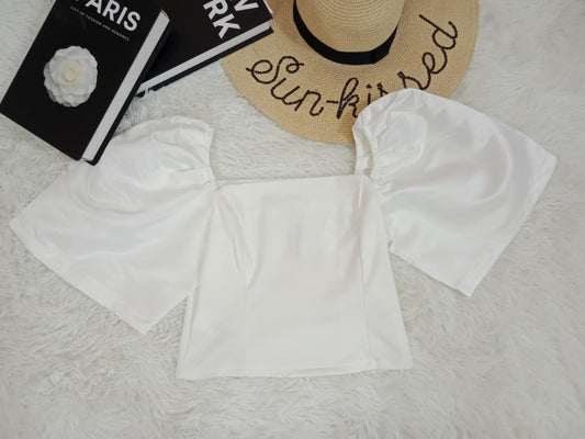 Elegant Puff Sleeve Satin Crop Top – Off-Shoulder Style