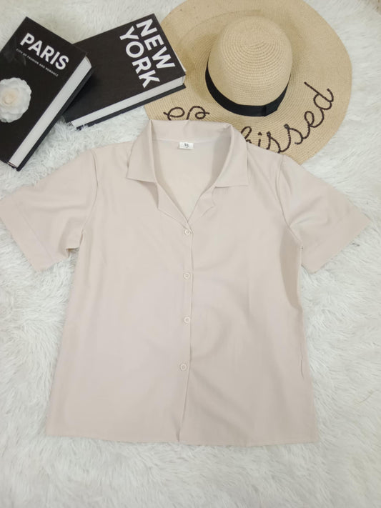 Classic Button-Down Collared Blouse – Neutral Short Sleeve Top
