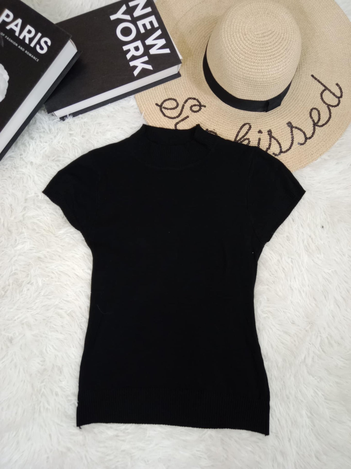 Classic Ribbed Knit High Neck Tee – Short Sleeve