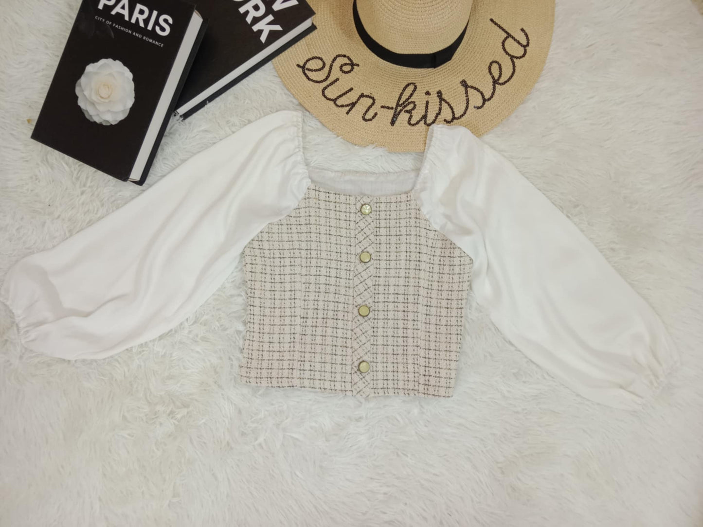 Puff Sleeve Tweed Button-Down Blouse