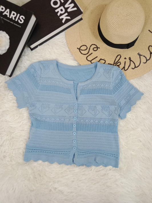 Scallop Hem Button-Up Knit Top with Lace Detail