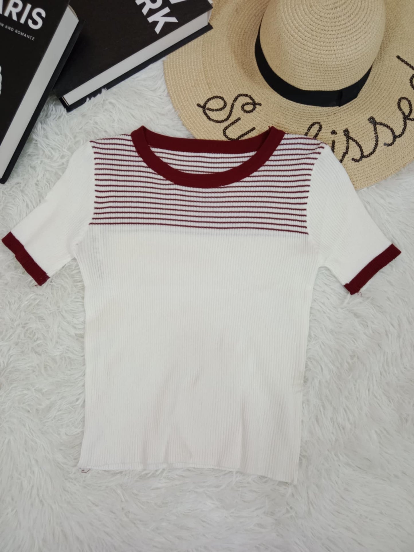 Ribbed Knit Contrast Stripe Tee