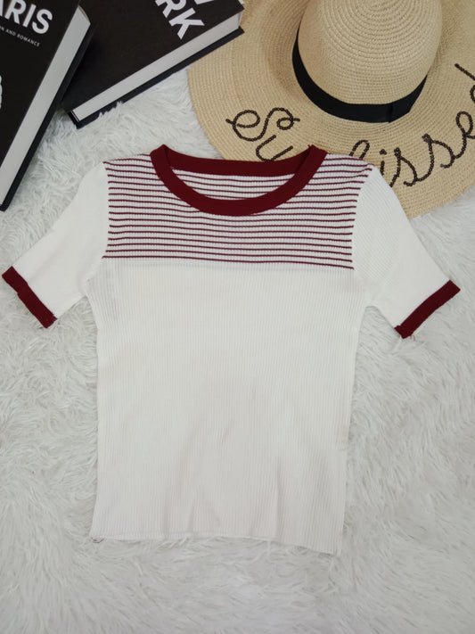 Ribbed Knit Contrast Stripe Tee
