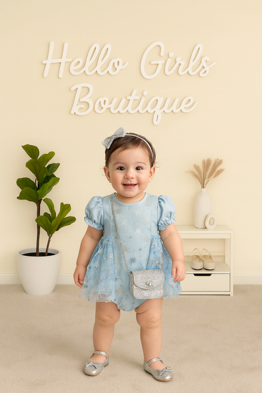 Blue Princess Puff Sleeve Bodysuit with Glitter Snowflakes