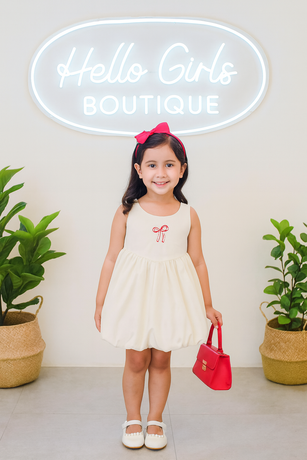 Charming Cream Bow Dress with Red Accents