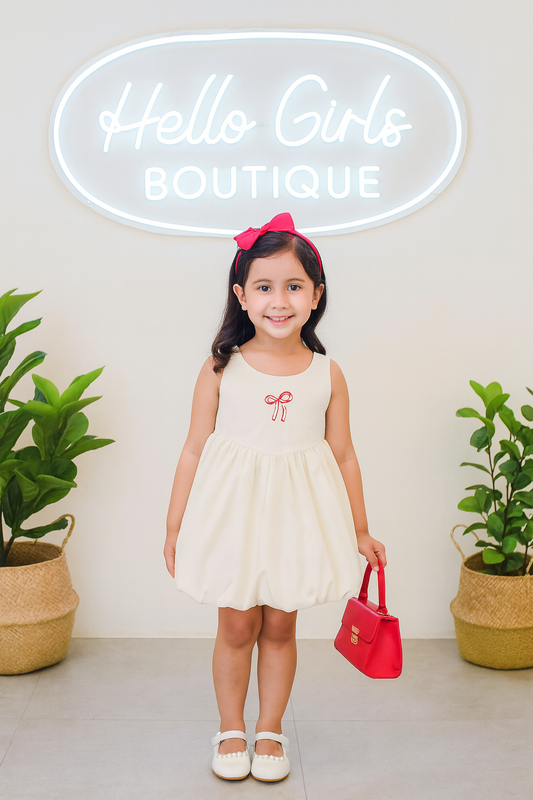 Charming Cream Bow Dress with Red Accents