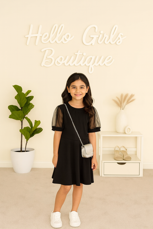 Elegant Black Dress with Sheer Puff Sleeves for Girls
