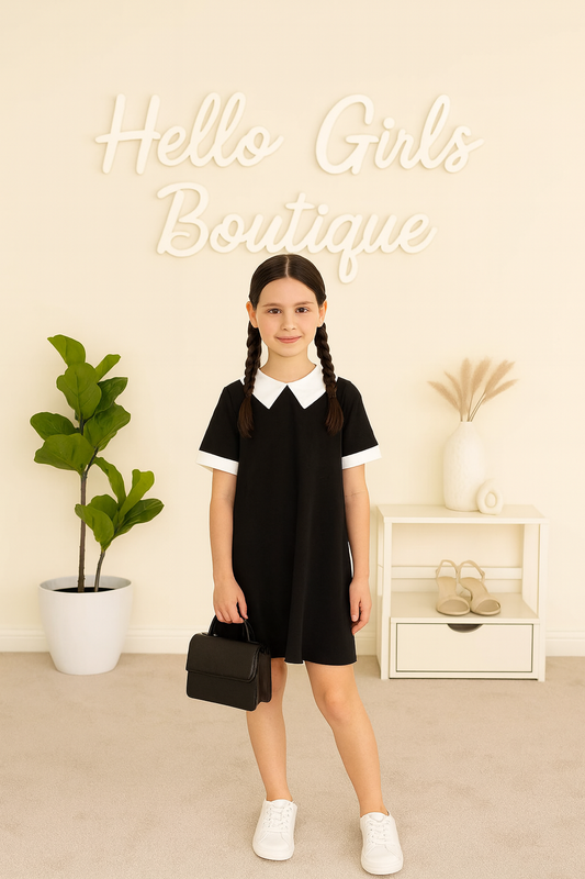 Classic Black Dress with White Collar and Cuffs
