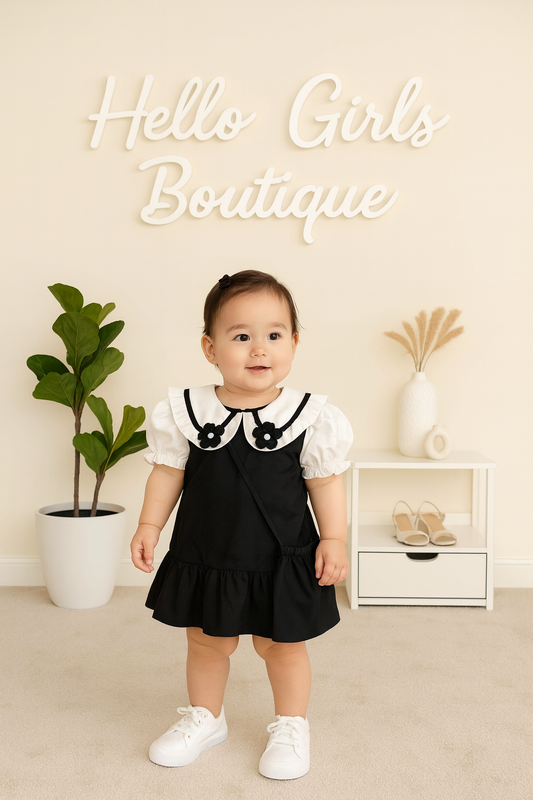 Girls’ Black & White Puff Sleeve Dress & Mini Bag
