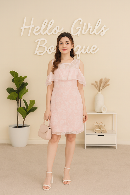 Pastel Pink Floral Mesh Dress with Ruffle Overlay