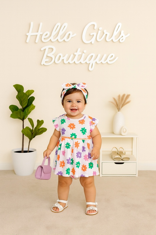 3-Piece Colorful Daisy Baby Girl Set – Dress, Bloomers & Headband