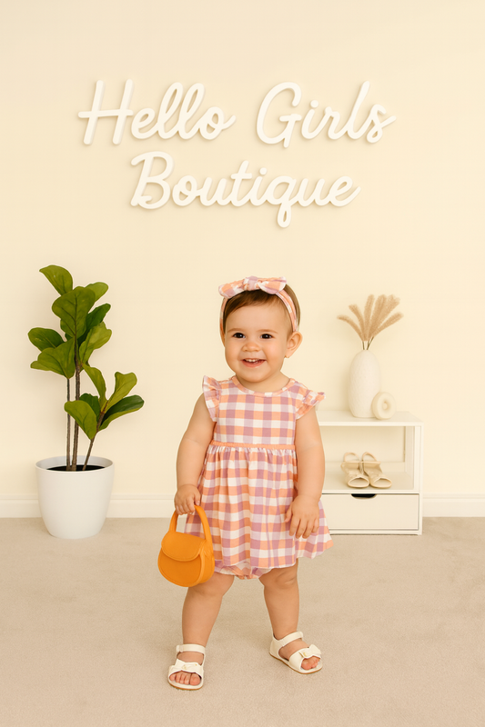 Peach & Lilac Gingham Baby Dress Set with Bloomers and Headband