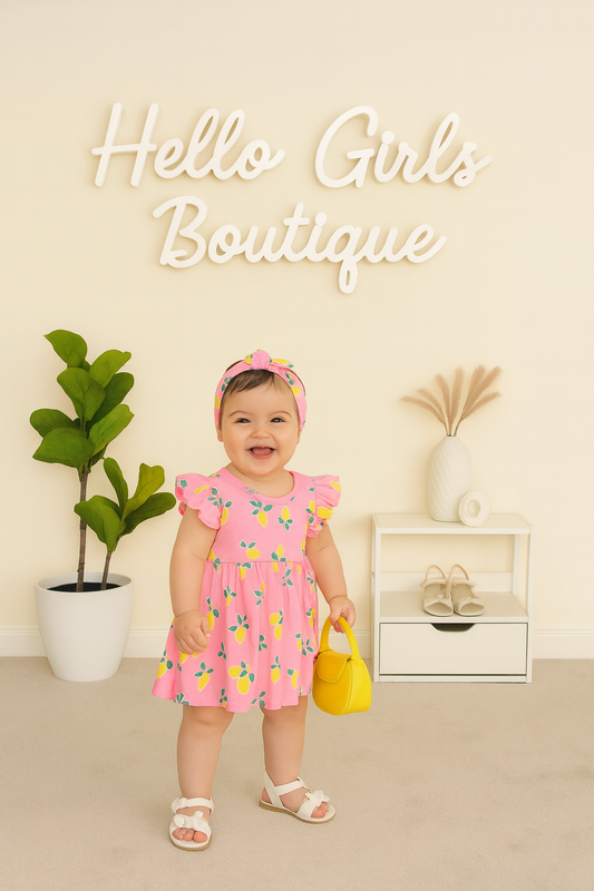 3-Piece Lemon Print Baby Girl Set – Dress, Bloomers & Headband