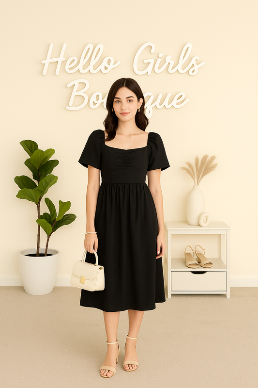 Elegant Black Puff Sleeve Midi Dress with Square Neckline