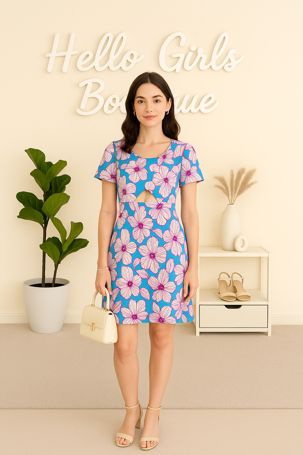Bold Blue Floral Cut-Out Dress with Short Sleeves