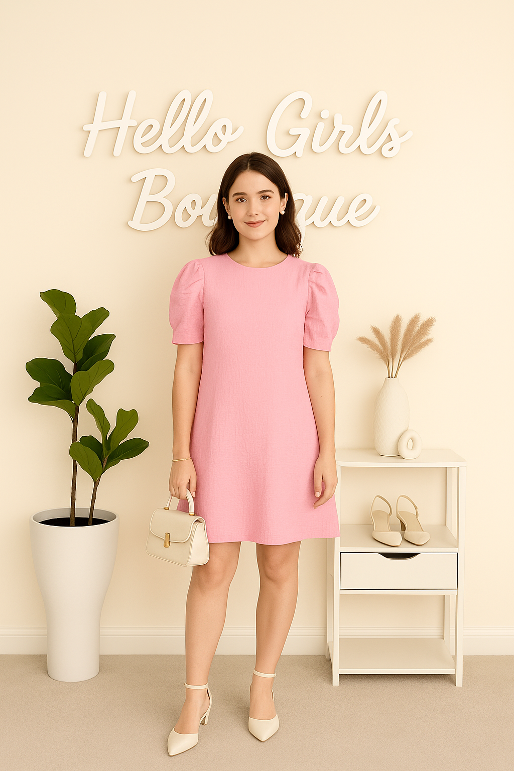 Textured Pink Shift Dress with Layered Puff Sleeves