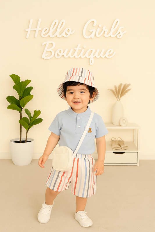 Bear Polo Shirt, Striped Shorts & Bucket Hat