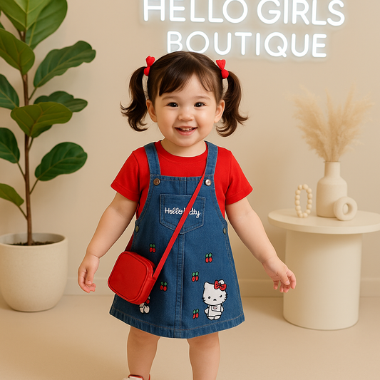 Hello Kitty Denim Jumper Dress Set with Red Tee – Cute Cherry Print for Girls