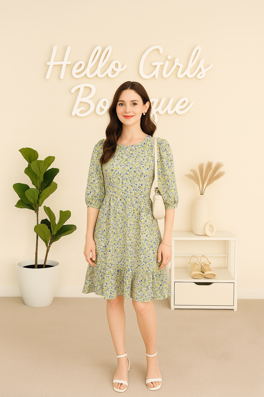 Yellow and Blue Micro-Floral Dress with Puff Sleeves